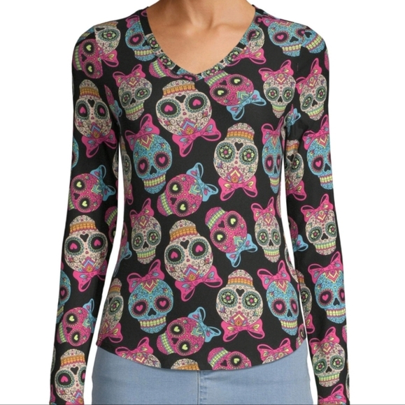 New Sugar Skulls Stretchy V Neck Top - Picture 1 of 2